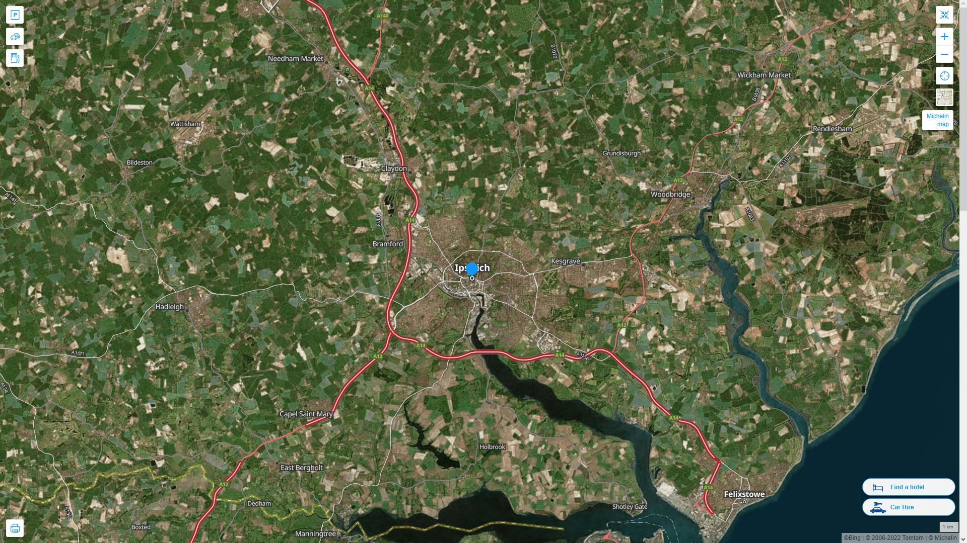 ipswich Royaume Uni Autoroute et carte routiere avec vue satellite